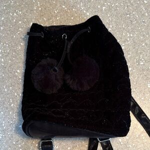 Black Sparkly Faux Fur Drawstring Backpack